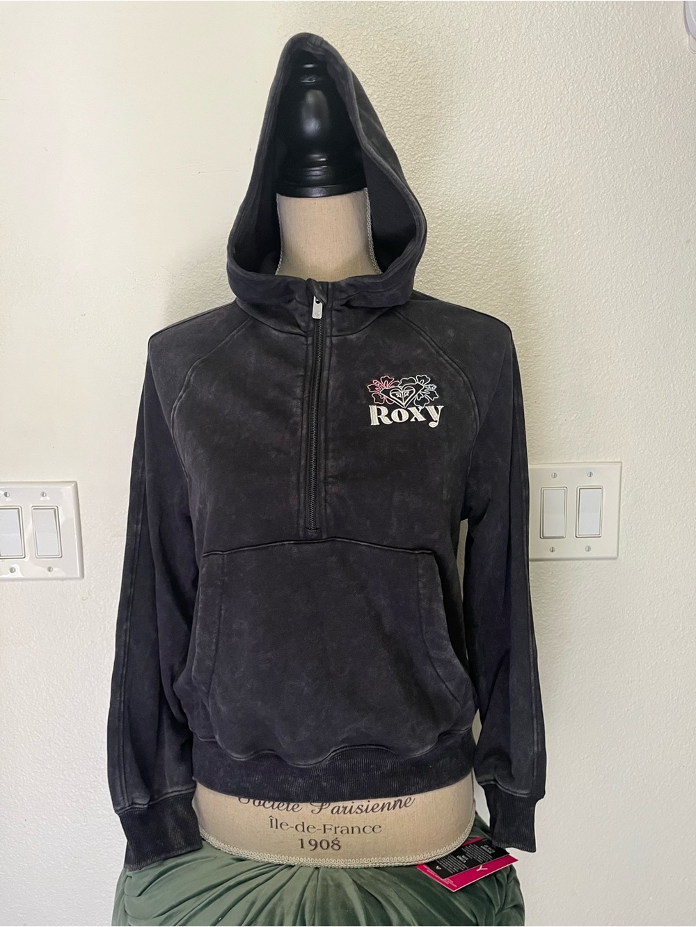 Roxy Black Washed Half-Zip Hoodie with Floral Logo